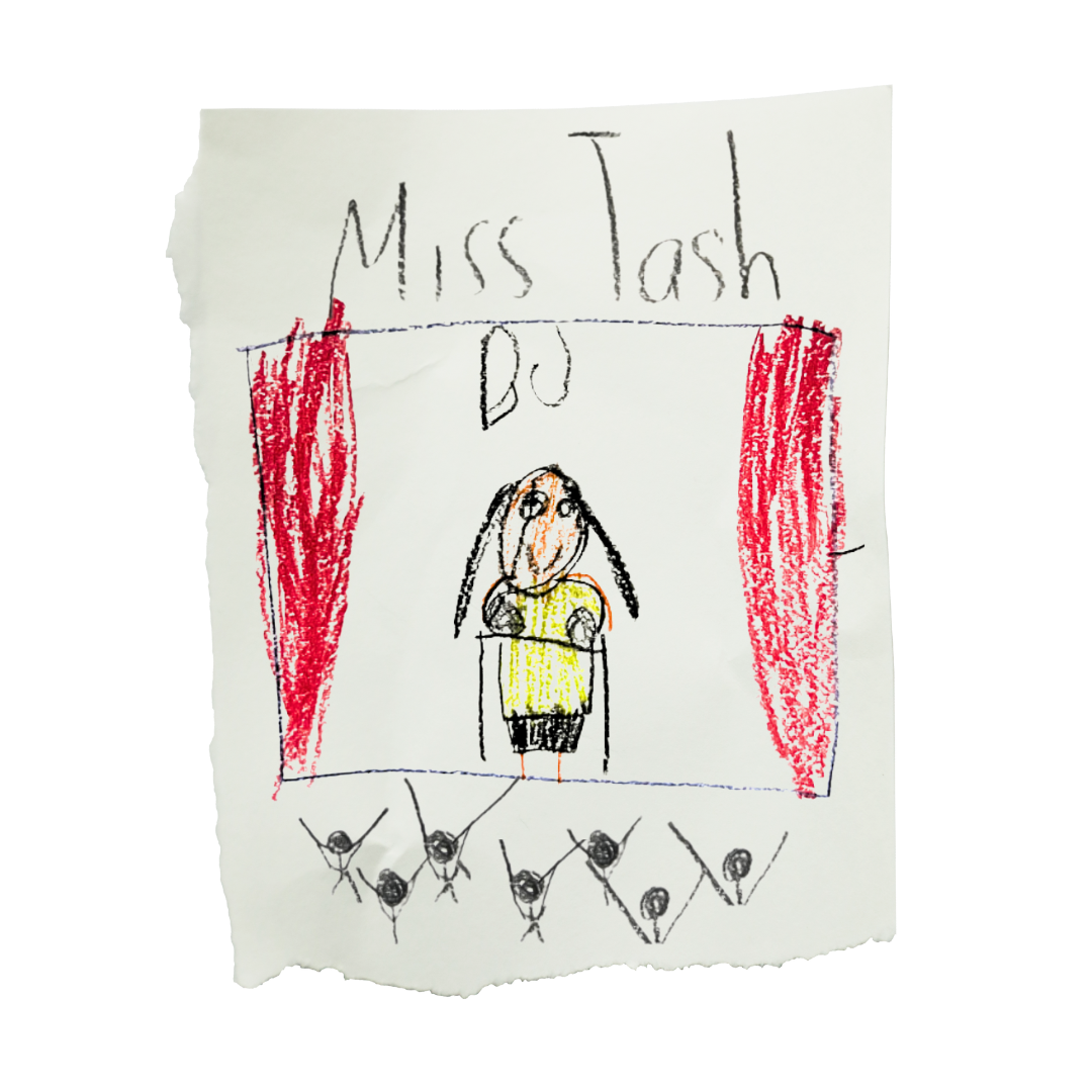 A child’s hand-drawn picture of Miss Tash DJing on stage